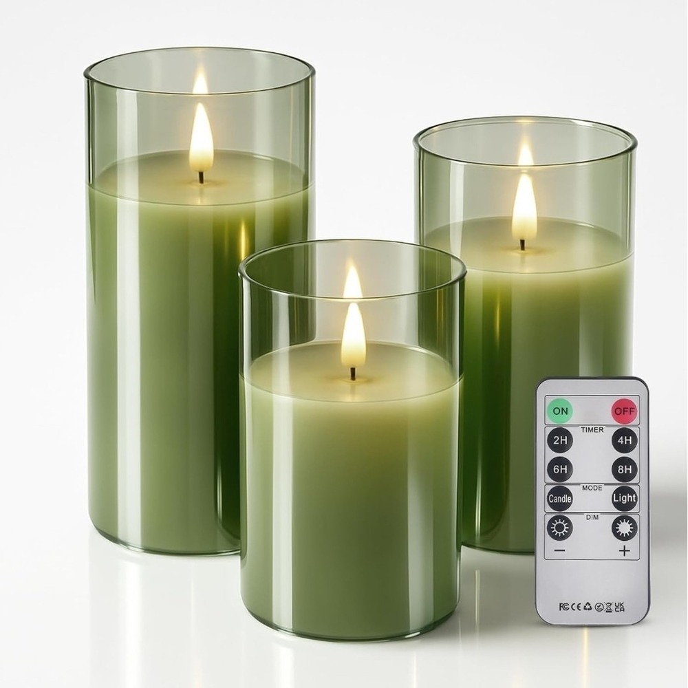 Glass Battery Operated LED Flameless Candles with Remote and Timer